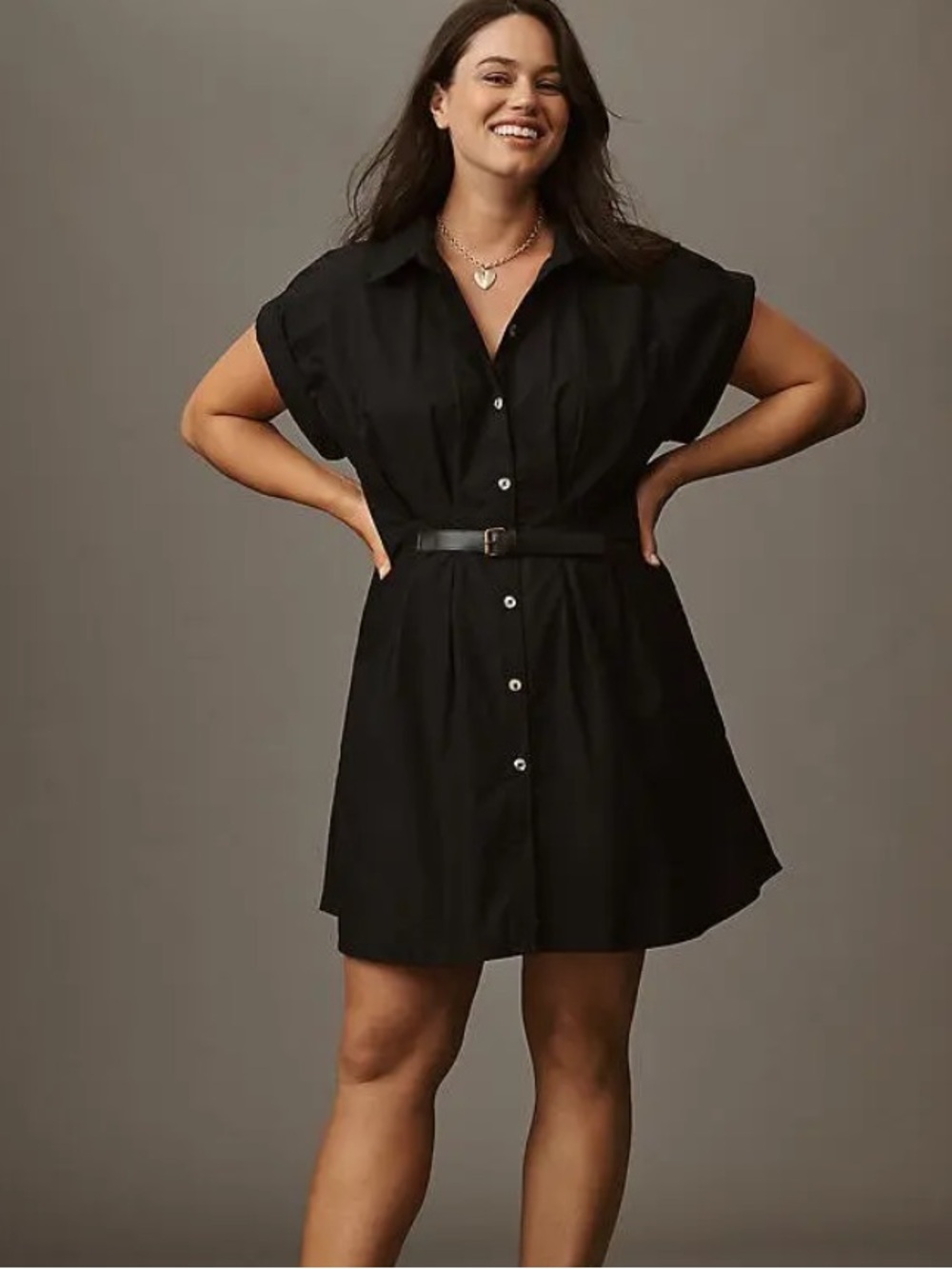 By Anthropologie Belted Short Shirt Dress 100% Cotton Black Size Large